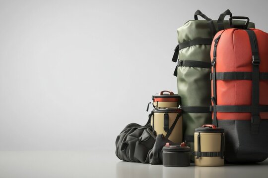 Gear for outdoor adventures with backpacks and containers for camping trips in neutral tones