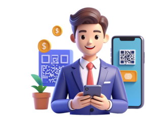Businessman real estate agent 3D character standing with miniature houses and a growth bar chart representing the property market