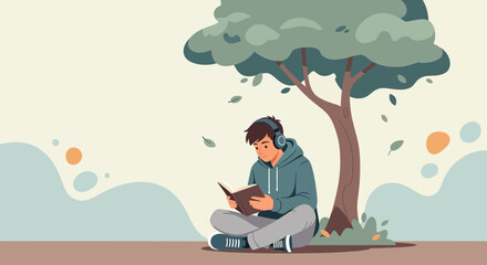 Young Person Reading Under a Tree While Listening to Music in a Peaceful Environment