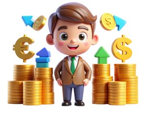 Businessman holding house model and gold coins for real estate investment, property mortgage, and finance savings. 3D character showing home ownership and wealth.