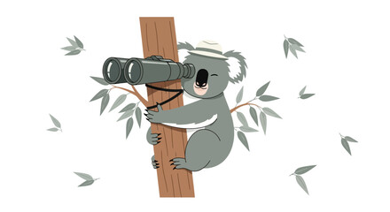 Fototapeta premium Observant Koala Using Binoculars While Perched On A Tree Trunk Exploring the Forest Environment
