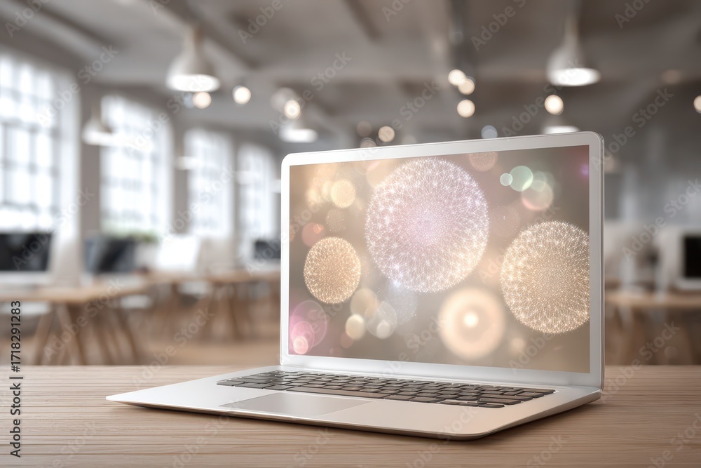 Aufkleber modern laptop displaying abstract glowing patterns on screen in a blurred office.
