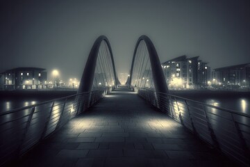 Modern pedestrian bridge, night, fog, urban lights, city architecture.