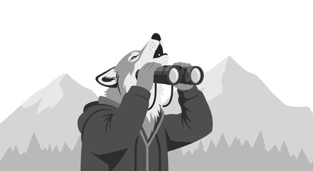 Observant Wolf With Binoculars Gazing At The Horizon Above Scenic Mountain Range View