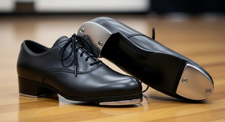 Elegant Black Tap Dance Shoes on Wooden Floor – Classic Footwear for Rhythmic Performance