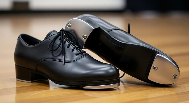 Elegant Black Tap Dance Shoes on Wooden Floor – Classic Footwear for Rhythmic Performance - Powered by Adobe