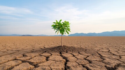 Resilient Green Sapling Thriving Amidst Parched Cracked Earth Landscape