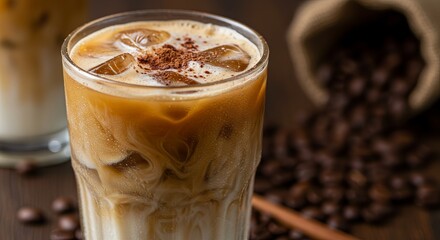 A close-up of an iced coffee with swirling cream and ice cubes, dusted with cocoa powder, with coffee beans spilled from a burlap sack in the background.