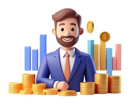 Businessman with stacks of gold coins and a rising bar chart representing financial success and investment growth