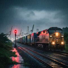 Freight train with cargo containers. Train waiting in signal. night view. Rain Does fall