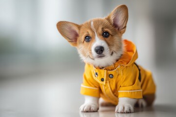 Adorable Pembroke Welsh Corgi puppy wearing a bright yellow raincoat with a hood looking charming and cute in a studio environment, on a glossy grey surface.