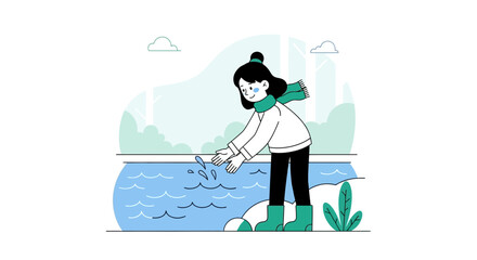 Young Woman Enjoys Nature's Embrace Touching Water With Gentle Hands Delightfully Smiling