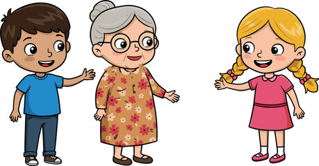 Cartoon family characters, grandmother with kids, multigenerational bonding, cheerful conversation, floral dress, happy children, friendly interaction, standing pose, smiling faces, illustration