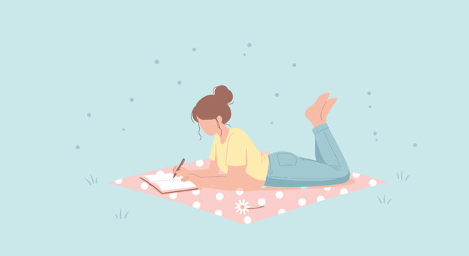 Young Woman Journaling Outdoors, Peaceful Illustration For Articles and Social Media