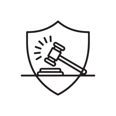 Law protection vector illustration – gavel on shield symbol of justice and legal defense line art