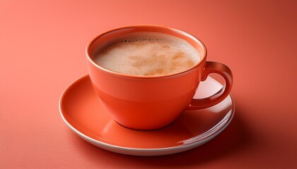 Obraz premium A Stylish Coral Ceramic Mug Filled With Frothy Coffee Against A Matching Coral Background
