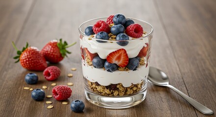 A layered glass parfait with yogurt, granola, strawberries, blueberries, and raspberries sits on a wooden surface with scattered berries and oats.
