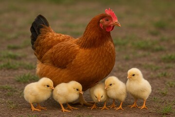 Fototapeta premium Hen walking with chicks in rural field, farm life and nature 