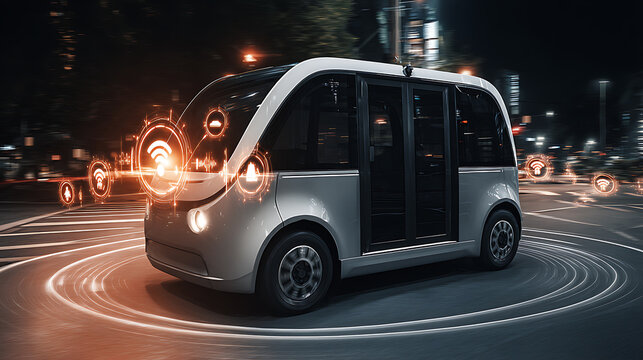 Autonomous electric vehicle with sensor technology navigating a city street at night