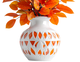 Ornate White Vase with Orange Leaf Mosaic Design Transparent PNG