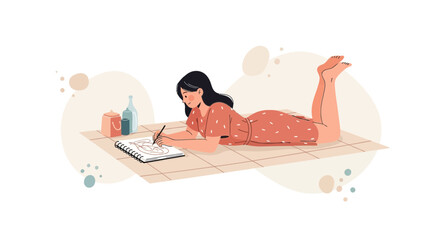 Fototapeta premium Young Woman Sketching Outdoors While Resting Amidst Soft Artistic Surroundings