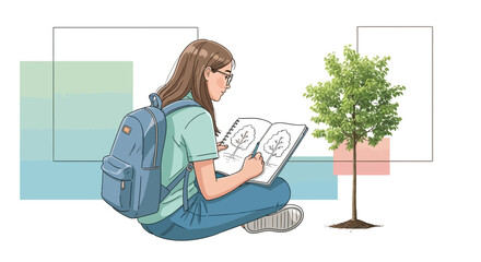 Young Woman Sketching A Tree While Outdoors, Capturing The Beauty of Nature