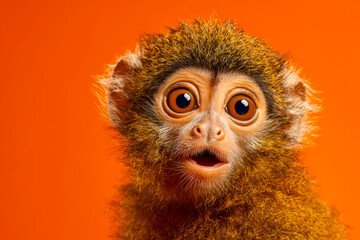 Obraz premium Adorable baby monkey with wide eyes and surprised expression against vibrant orange background
