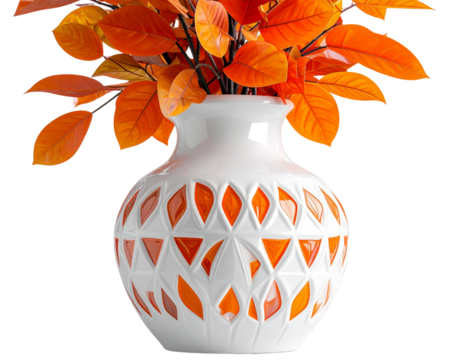 Ornate White Vase with Orange Leaf Mosaic Design  Transparent PNG