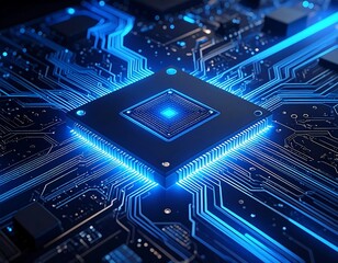High-tech CPU circuit board illuminated with glowing blue light
