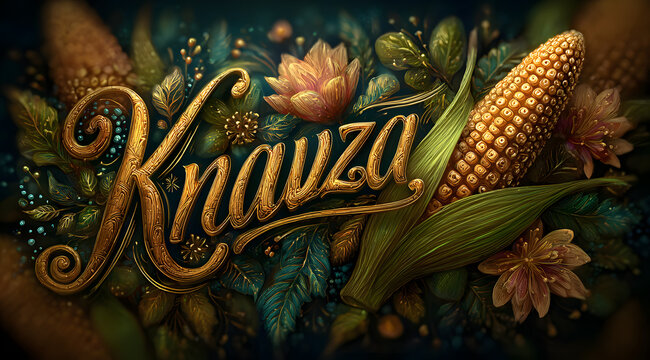 Elegant kwanzaa celebration text design a festive golden script with symbolic corn illustration, perfect for holiday greetings, cultural events, and warm seasonal wishes on dark backdrop - Powered by Adobe