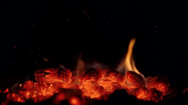 Burning coals glow intensely with fiery embers and rising sparks in mesmerizing slow motion against a deep black background for a creative texture.