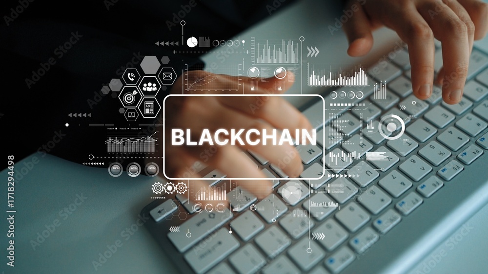 Poster hands typing on keyboard with blockchain conceptual graphics and data visualization elements in mode