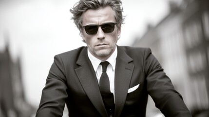 Serious man in black suit and sunglasses posing outdoors, black and white portrait perfect for fashion campaigns, lifestyle editorials or business projects