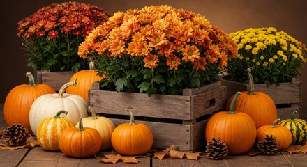 A rustic display of pumpkins and autumnal mums in wooden crates, arranged on a wooden surface with fallen leaves and pinecones.