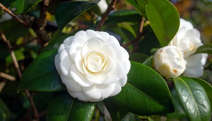 Close-up of a pristine white camellia flower