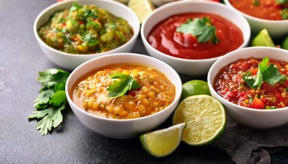 Assorted Mexican Salsas In White Bowls With Fresh Cilantro And Lime Colorful Spicy Sauce Variety For Authentic Cuisine