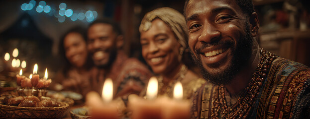 Kwanzaa African American holiday candles kinara with family celebrating harvest festival on background. Close-up of culture traditional decorations. Symbols of the seven principles.