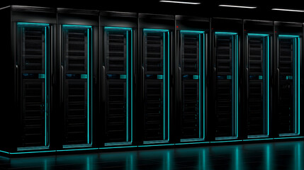 Row of server racks with blue LED lighting in a data center