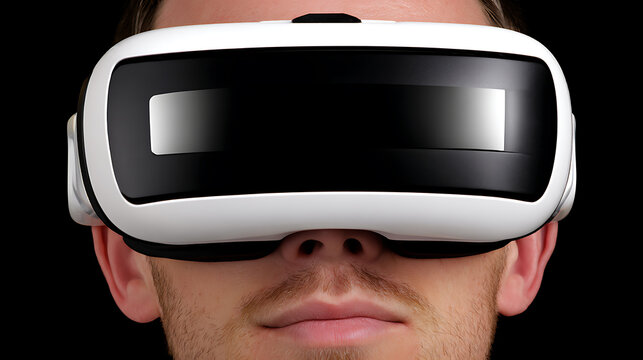 Person wearing a virtual reality headset covering the eyes against a dark background