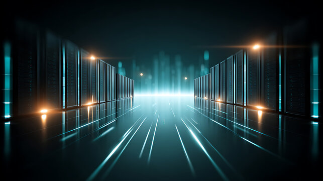 Futuristic data center corridor with illuminated server racks and reflective floor