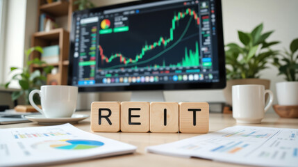 Capital strategies align on a trading desk where REIT blocks stand before a screen of market charts creating a focus on property based funds as a structured path to collective wealth building