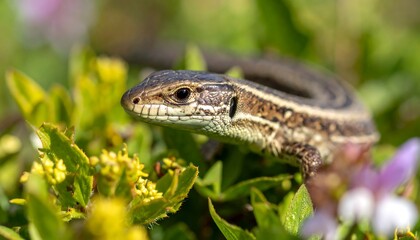 Naklejka premium A lizard among vibrant wildflowers