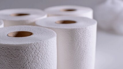 Focus on soft textured toilet paper rolls arranged in a pleasing shallow depth of field creating a clean and modern aesthetic ideal for hygiene or household product marketing