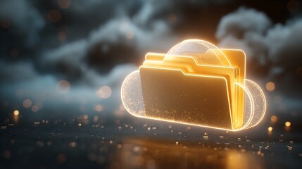 Stunning golden cloud folder icon symbolizes secure digital data storage and cloud computing innovation, perfect for technology and business themes