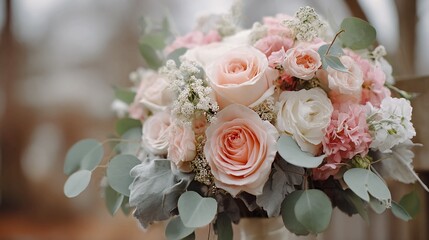Elegant blush and cream rose bouquet with delicate greenery creating a romantic and luxurious floral arrangement perfect for weddings and special occasions