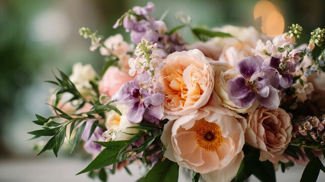 Exquisite floral arrangement featuring soft peach roses and delicate lavender blooms, perfect for elegant celebrations and romantic occasions, radiating natural beauty and charm