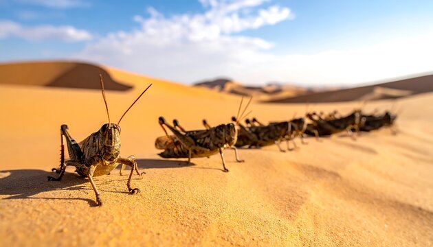 Desert locusts marching across sand dunes