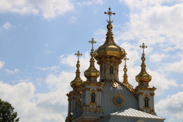 Peterhof Russia 07.20.2025 temple with golden domes in Peterhof