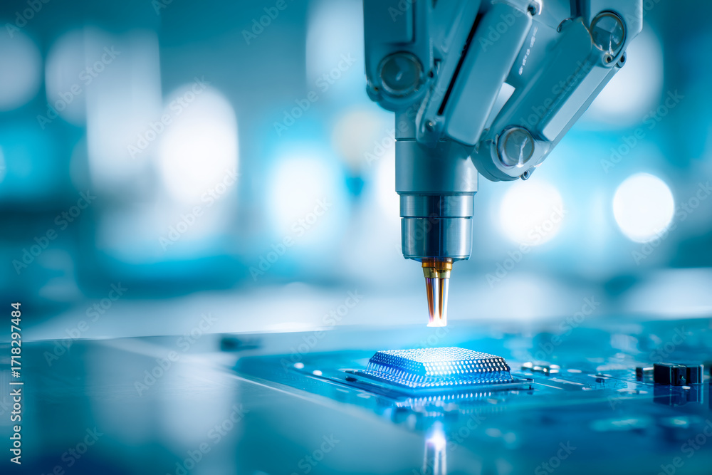 Poster Close-up of a robotic soldering or welding process on a circuit board in a high-tech manufacturing environment