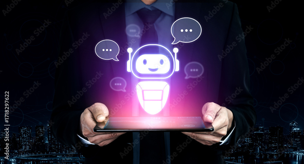 Poster ai chatbot virtual assistant interacting with users through ai conversation bubbles, symbolizing ai 